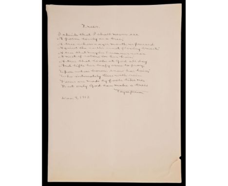 Joyce Kilmer Signed 'Trees' Poem  Original 1913 manuscript, signed lower right, pencil inscribed to backside, ink laid to pap