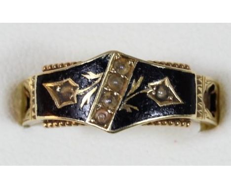 A Victorian 15ct gold, black enamel and half pearl mourning ring, Chester, date letter erased, lacking hair, size O, 2.6 gms 