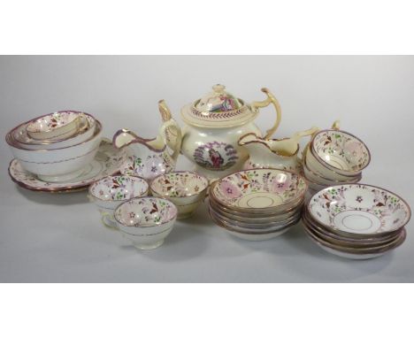 A Sunderland lustre part tea service, comprising tea pot, 9 cups (2 lacking handles), 11 saucers, 2 jugs, 2 sugar bowls and 2