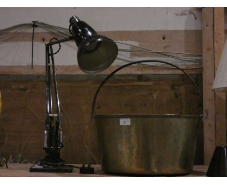 A painted aluminum poise desk lamp together with a substantial brass jam pan 