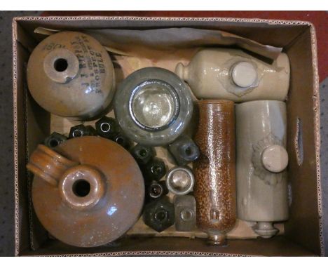 A collection of stoneware flagons, early ceramic hot water bottles together, with a box of studio and stoneware pottery (2) 