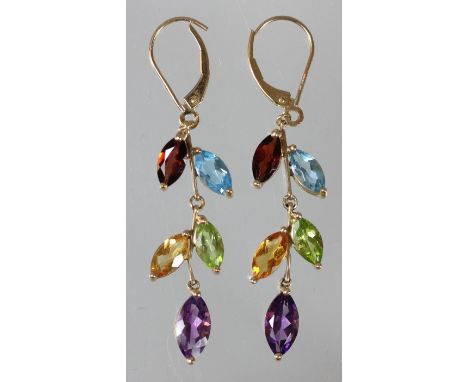A 9ct gold pair of gemset ear pendants, topaz, garnet, peridot, citrine and amethyst. 