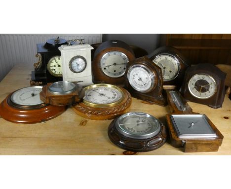 A collection of barometers and mantle clocks, to include a Smiths Bakerite mantle clock (2). 