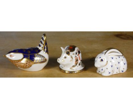 Three Royal Crown Derby ceramic animals to include- a rabbit, a pig and a bird,  complete with gold seals (3) 