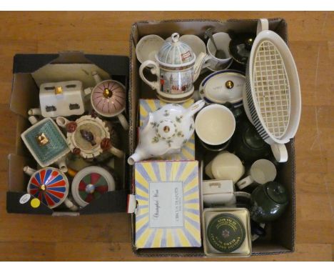 A collection of novelty ceramic teapots together with, Harrods teaware and a Hornsea flower case 