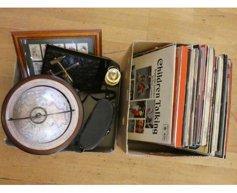 A table top globe together, with models of miners lamps, cased binoculars, telescope and approximately forty vinyl 33RPM LP'S