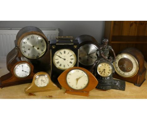 A collection of mantle clocks , to include a mahogany and boxwood inlaid French 8 day clock 