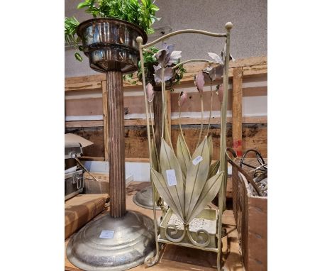 A pair of plated plant stands together with a floral umbrella stand, candlestick holders and glass table lamp, and a collecti