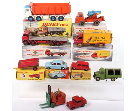 Quantity of Playworn Dinky Toys, boxed 140 Morris 1100, 197 Morris Mini Traveller (repainted) 319 Weeks Farm Trailer, 905 Fod