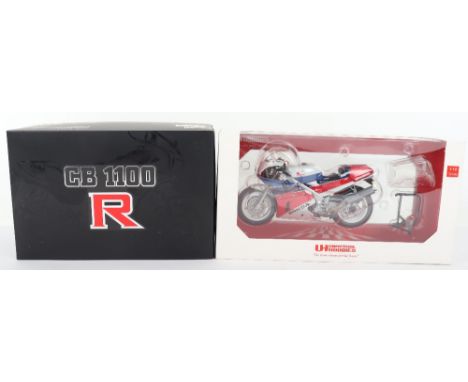 Two Boxed Honda Motor Cycle Models, metal 1:12 scale, Wits Mile Stone, Honda CB1100 RD and Universal Hobbies Honda RC 30 Stre