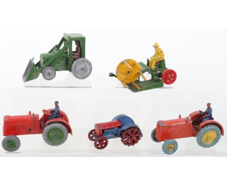 Dinky Toys Pre-war 22e Tractor, some paint touch ups, missing part of rear mudguard, Benbros Tractor with front bucket, green