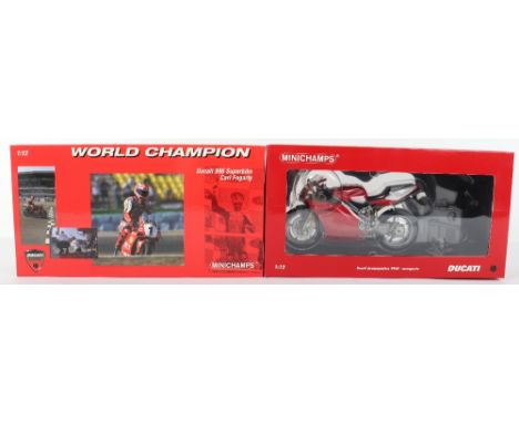 Two Boxed Minichamps Ducati Superbikes, metal 1:12 scale, Ducati 996 Carl Fogarty 1999 world champion motorcycle and Ducati d