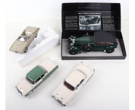 Three Danbury Mint USA Cars, including 1957 Ford Fairlane, green/cream body, 1956 Packard, cream/light blue/brown body (one w