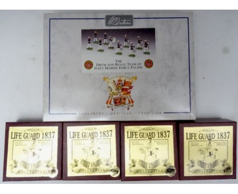 Britains set 8824 Life Guard 1837 four in original individual boxes, and set 5799, Drum and Bugle Team, Fleet Marine Force Pa