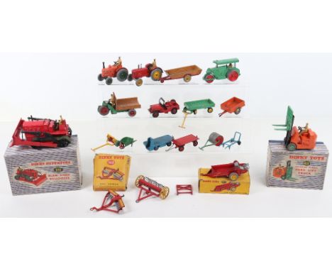 Dinky Toys Farm Commercials Vehicles, including boxed: 321 Massey Harris Manure Spreader, 322 Disc Harrow, 401 Fork Lift Truc