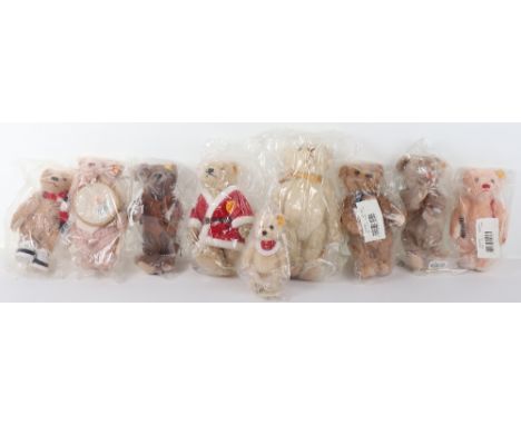 Nine Steiff Collectors Bears, yellow tagged button to ear, Steiff Club 654565 Teddy Boy, 654572Teddy Girl, 654688 Teddy Fathe
