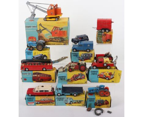 Quantity of Vintage Playworn Corgi Toys including: boxed 53 Massey Ferguson 65 Tractor with shovel, 54  Fordson Power Major,6