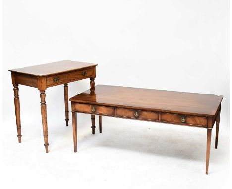 A 19th century mahogany side table with frieze drawer on turned legs, 76 x 76 x 48cm, together with a Regency-style coffee ta