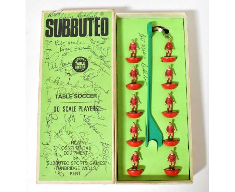 LIVERPOOL FC; a Subbuteo table soccer 00 scale player pack in red and white kit, the box bearing signatures of Liverpool FC p