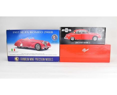 Three boxed diecast scale model vehicles comprising a Minichamps Alfa Romeo, a Franklin Mint 1937 Alfa Romeo 2900B and a Mode