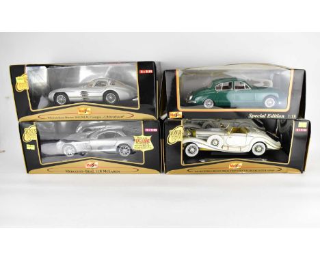 MAISTO; three Premier Edition scale model diecast vehicles comprising a Mercedes-Benz 300SLR Coupe, a Mercedes-Benz SLR McLar