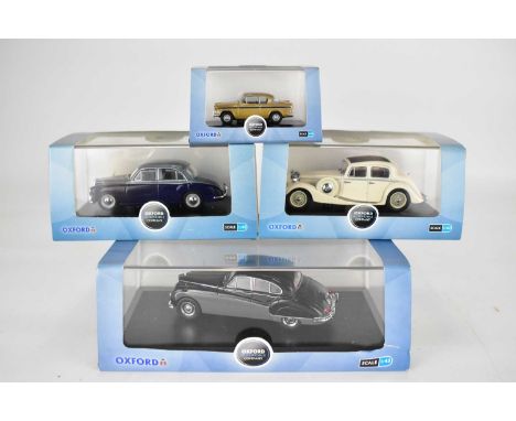 OXFORD AUTOMOBILE COMPANY; four diecast model vehicles comprising Cream Jaguar SS 2.5 Saloon JSS001, Autumn Gold/Black Sunbea