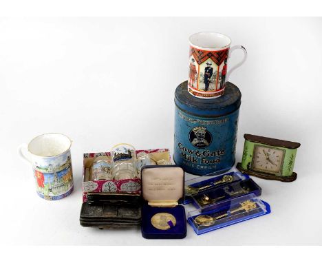 Two boxed James Sadler mugs and a small quantity of commemorative items to include spoons, miniature glass tankards, Cow &amp