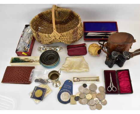 A collectors' lot to include a pair of early 20th century binoculars, an egg basket, silver plated trophy, pastry cutters in 