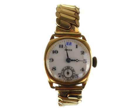 HICO; a ladies' vintage 9ct gold watch, the white enamelled dial set with Arabic numerals and gold dots, subsidiary dial, cro
