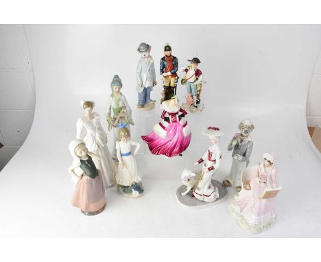 Eleven ceramic figures to include a Nao Dutch girl, a Nao figure of a young Edwardian girl with hoop, a large Nao figure of a