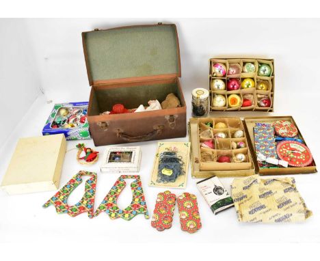 Various vintage Christmas decorations, mostly glass tree baubles, etc, in three small boxes and a vintage child's brown case.