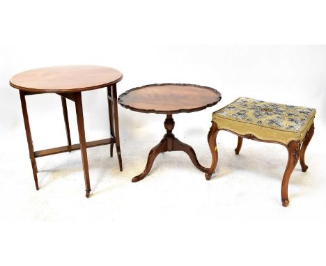 A reproduction walnut stool with beaded upholstered square top, 42 x 46 x 46cm, together with a mahogany circular topped occa