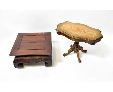 A Chinese hardwood side table with square top to carved stylised bracket base, 30 x 61 x 61cm, together with a reproduction V