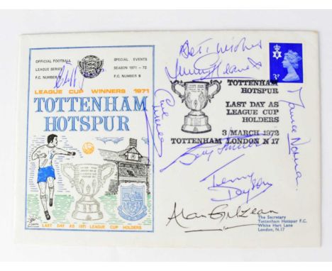 TOTTENHAM HOTSPUR; a first day cover bearing signatures to include Jimmy Greaves, Alan Gilzeanm Dave Mackay, Bobby Smith, Cli