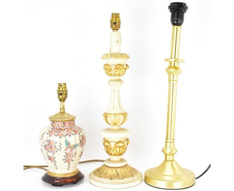 Three modern table lamps comprising a Japanese porcelain lamp of baluster form with butterflies and prunus, on wooden base, h