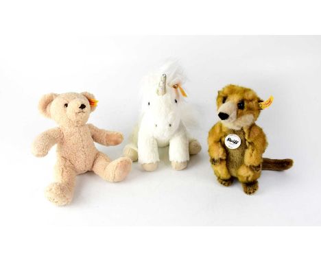 STEIFF; a unicorn stuffed toy, 'Riko' meerkat stuffed toy and 'My First Steiff' soft teddy bear, height of largest 28cm, all 