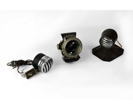 An early 20th century Grampian microphone, a Reslow-Sound microphone, patent No. 552328, and an early 20th century black pain