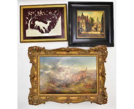 C. FELS; oil on porcelain, Victorian street scene, 14 x 14cm, signed lower right, framed, an oleograph on board, hunting dogs