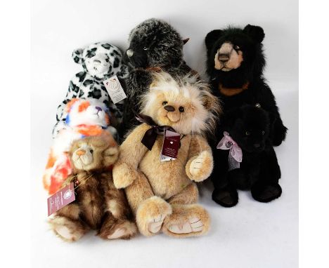 Seven various Charlie Bears plush collection bears, to include a leopard print bear and a rainbow bear (7).