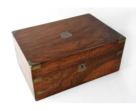 A Victorian brass bound mahogany writing slope with fitted interior, the gilt tooled leather set slope with inscription 'Pres