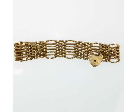 A 9ct gold seven bar gate bracelet united with 9ct gold padlock clap, length 17cm, approx. 33.7g.