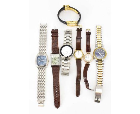 Seven various wristwatches to include a ladies' vintage wristwatch, the white enamelled dial set with Arabic numerals, in 9ct