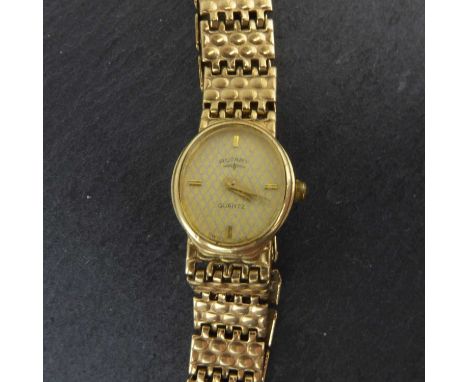 ROTARY; a ladies' 9ct gold wristwatch, the oval dial set with raised baton numerals, quartz movement, on a 9ct gold panelled 