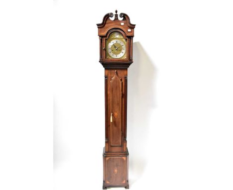 An inlaid mahogany grandmother clock, the silvered chapter ring set with Roman and Arabic numerals, inscribed 'Tempus Fugit',