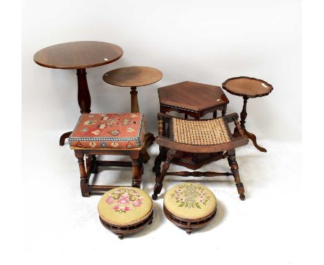 A group of occasional furniture comprising three wine tables, an Edwardian mahogany octagonal side table, a bergère seated st