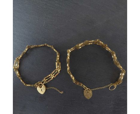 Two matching 9ct gold three bar gate bracelets, both united with heart-shaped padlock clasps, length of each approx. 17cm, co