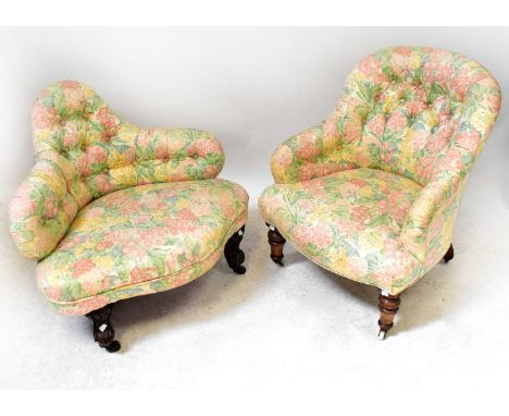 A Victorian walnut button back armchair with unusual shaped back, on carved cabriole legs with castors, height 70cm, together