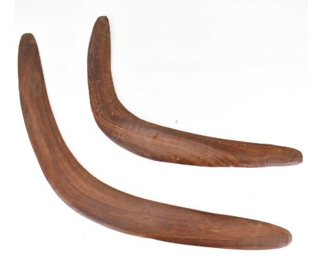 Two vintage Australian boomerangs, undecorated, 68cm and 51cm (2).Condition Report: These were given to the vendor in the 196