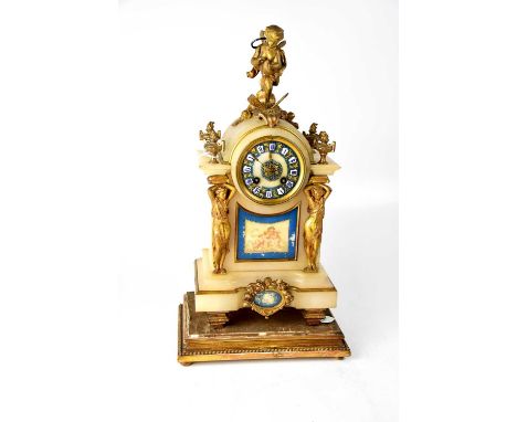 An early 20th century alabaster and ormolu style 'Papillion' eight-day mantel clock with gilded finial of putto with butterfl