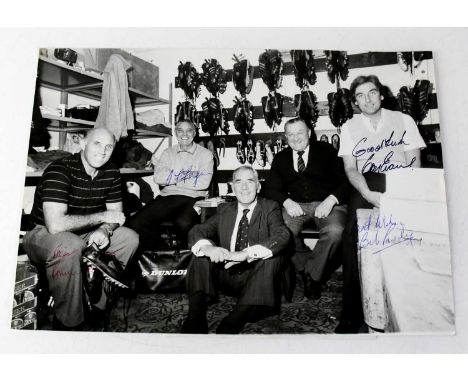 LIVERPOOL FC; a black and white photograph bearing the signatures of former managers, Bob Paisley, Joe Fagan, Roy Evans and R
